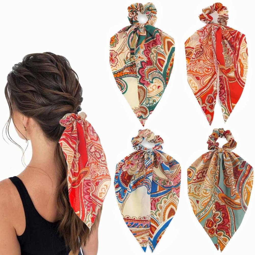 Satin Hair Scrunchies Set Boho Floral Elastic Ponytail Holders Women Girls
